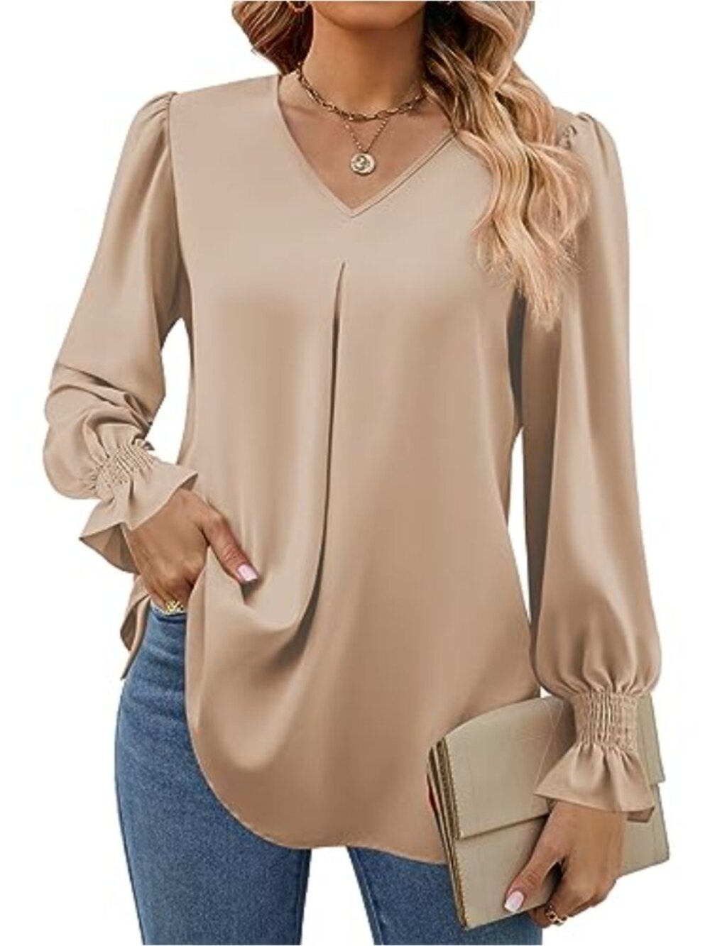 Women's Long Sleeve V Neck Chiffon Tunic Blouse Dressy Casual Loose Work Top